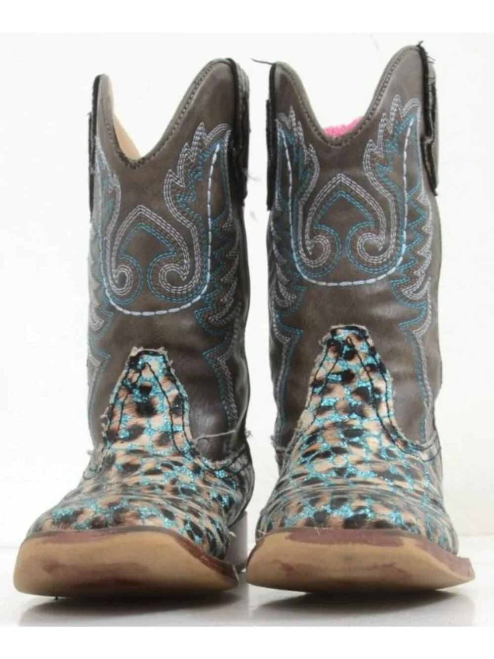 Roper Girls' 11 Glitter Teal Leopard Western Boots - Square Toe Cowgirl